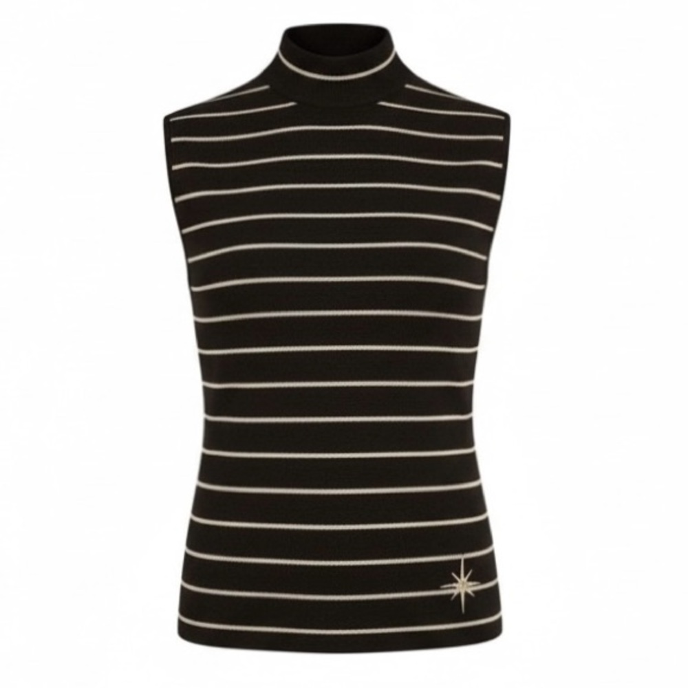 St. John Black with Gold Stripes Sleeveless Mock Neck Knit Sweater Size 2